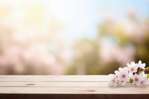 AI generated Wooden tabletop with small cherry blossom branch in spring season on blurred background pink delicate shade. Backdrop for product or graphic design work display. Selective focus photo