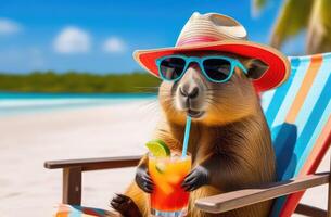 AI generated Capybara in sunglasses, a straw hat, sitting on a beach chair, holding a colored cocktail in her paw, blue sky, white oceanic sand, light blurred background, selective focus photo