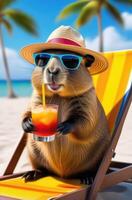 AI generated Capybara in sunglasses, a straw hat, sitting on a beach chair, holding a colored cocktail in her paw, blue sky, white oceanic sand, light blurred background, selective focus photo