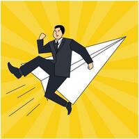 illustration of a businessman flying using a paper airplane vector