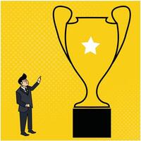 illustration of a businessman pointing to a trophy of victory vector