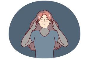 Peaceful woman touches temples with eyes closed, dreams of happy future or meditates. image vector