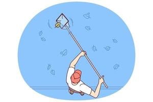 Man cleans pool or pond from leaves fallen from trees to prevent rotting and water contamination vector