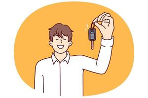 Happy man showing off car keys after getting loan or leasing to buy new car at bargain price vector