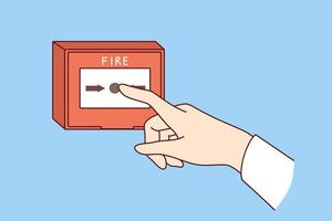 Fire alarm button on wall and hand of person who wants to notify everyone about emergency situation vector