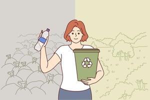 mujer ecologista llamadas para separar colección basura y reciclaje de el plastico botellas, sostiene Cubeta vector