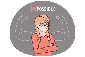 Proud little girl stands with arms crossed near inscription impossible is possible on blackboard vector