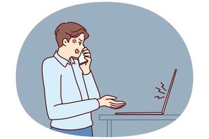 Dissatisfied manager makes phone call standing near laptop and quarreling due to errors in report vector