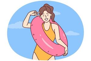 Happy woman in swimsuit for sunbathing and swimming in ocean rejoices summer vacation vector