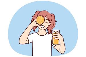 Little girl with glass of orange juice in hands smiling holding half of citrus fruit near face vector