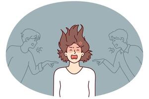 Depressed girl having panic attack and screaming after insulting two guys. image vector