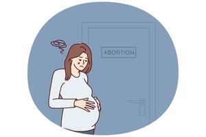 Upset pregnant woman near door with abortion sign after making difficult decision vector