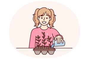 Little girl is watering plant in form of eggshell for concept of ecology and zero waste gardening vector