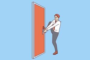 Persistent businessman is trying to open locked door, without giving up and striving to achieve goal vector