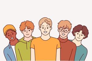 Group of high school guys smile and look at screen, for concept of multi-ethnic society vector