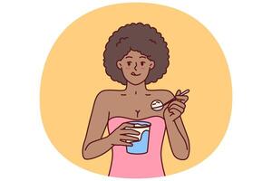 africano americano mujer comiendo hielo crema disfrutando frío postre a frio abajo después caliente caminar vector