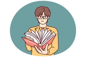 Guy student leafing through book in search information for preparation of essay given by teacher vector