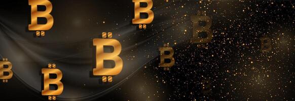 Black and luxury golden wavy abstract background with bitcoin signs vector