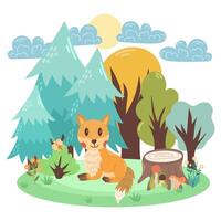 Cute illustration of a fox in the forest. children's scene. vector