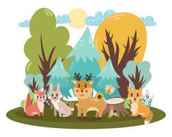 Cute illustration with forest animals in the forest - deer, hare, squirrel and fox. children's scene. vector