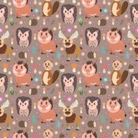 Seamless cute pattern with hedgehog, boar and elk and forest elements - log, flowers, trees, mushrooms, insects. Flat style children's vector