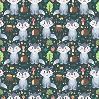 Seamless cute pattern with wolf and forest elements - log, flowers, trees, mushrooms, insects. Flat style children's vector