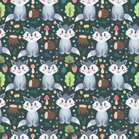 Seamless cute pattern with wolf and forest elements - log, flowers, trees, mushrooms, insects. Flat style children's vector