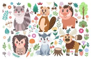 A large set with forest animals - wolf, beaver, wild boar, hedgehog, elk and raccoon. Children's illustration flat style vector