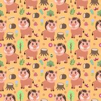 Seamless cute pattern with boar and forest elements - log, flowers, trees. Flat style children's vector