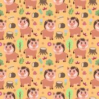 Seamless cute pattern with boar and forest elements - log, flowers, trees. Flat style children's vector