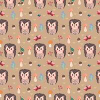 Seamless cute pattern with hedgehog and forest elements - log, flowers, trees, mushrooms, insects. Flat style children's vector