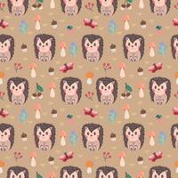 Seamless cute pattern with hedgehog and forest elements - log, flowers, trees, mushrooms, insects. Flat style children's vector