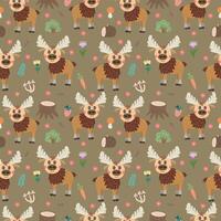 Seamless cute pattern with elk and forest elements - log, flowers, trees. Flat style children's vector