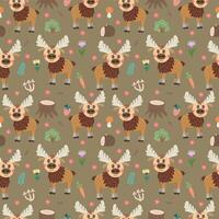 Seamless cute pattern with elk and forest elements - log, flowers, trees. Flat style children's vector