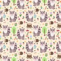 Seamless cute pattern with raccoon and forest elements - log, flowers, trees, mushrooms, insects. Flat style children's vector