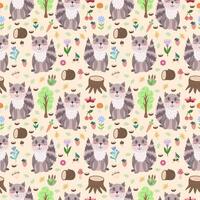 Seamless cute pattern with raccoon and forest elements - log, flowers, trees, mushrooms, insects. Flat style children's vector