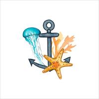 Sea composition with anchor, starfish, jellyfish. Watercolor illustration vector