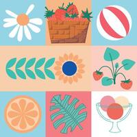 Geometric summer backgrounds with simple shapes and figures forming sunglasses,drink,orange,watermelon,pineapple,ice cream and other summer symbols.Posters,flyers,banners for covers,web,print. vector