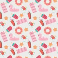 Colorful Summer seamless pattern with elements for relaxing by the water. illustration of watermelon, flip flops, swimming ring, ice cream and beach elements, for wrapping paper, wallpaper vector