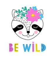 raccoon with floral wreath vector