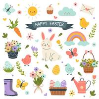 Spring easter set with rabbit, sun, flowers, chickens. illustration. vector