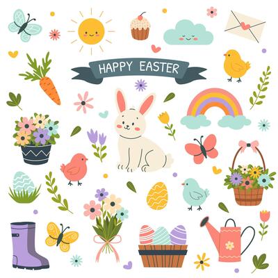 Spring easter set with rabbit, sun, flowers, chickens. illustration.