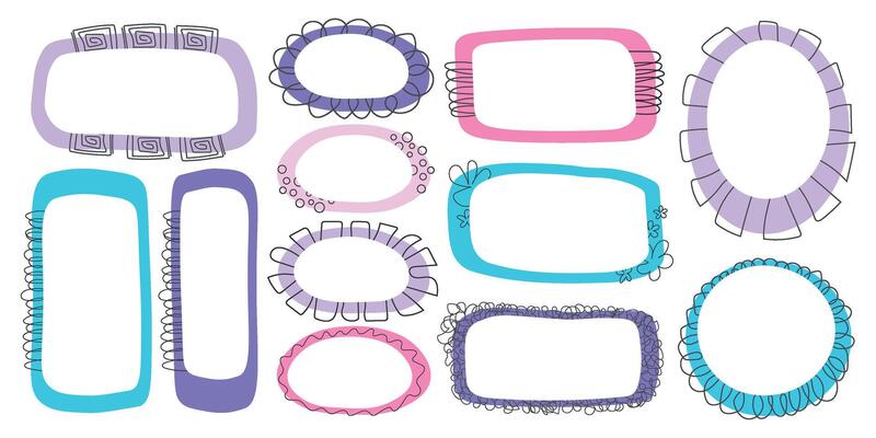 Set of hand drawn frames for text. Color blank template. Collection of frames in doodle style