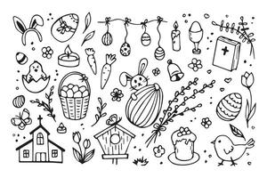 A set on the theme of Easter in doodle style. Easter set with cute bunnies, chickens, flowers and eggs. Hand drawn sketch. Easter coloring page set. illustration. vector