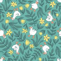 Seamless pattern for baby fabrics with cute goslings, beautiful flowers and leaves vector