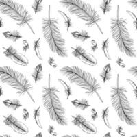 Feather seamless Pattern. Outline illustration of quills Background. Black and white line art of bird plumes. Hand drawn graphic sketch. Linear print drawing for fabric or paper design vector