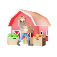 3D Character Illustration of Man Running with Wooden Box of Fresh Vegetables and Fruit png