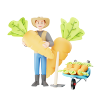 3D Farmer Character Harvesting Root Crops in Rural Field png