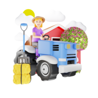 3d Charakter Illustration von Frau Aufrechterhaltung Garten mit kompakt Traktor png