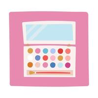 Cute colorful doodle of eyeshadow palette with brush and mirror. Cosmetic product for daily make up. Funny simple cartoon illustration for makeup isolated on background vector